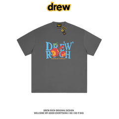 Drew Rich Dark Grey Peach Letter Graphic Unisex Cotton T-shirt