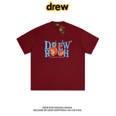 Drew Rich Wine Red Peach Letter Graphic Unisex Cotton T-shirt
