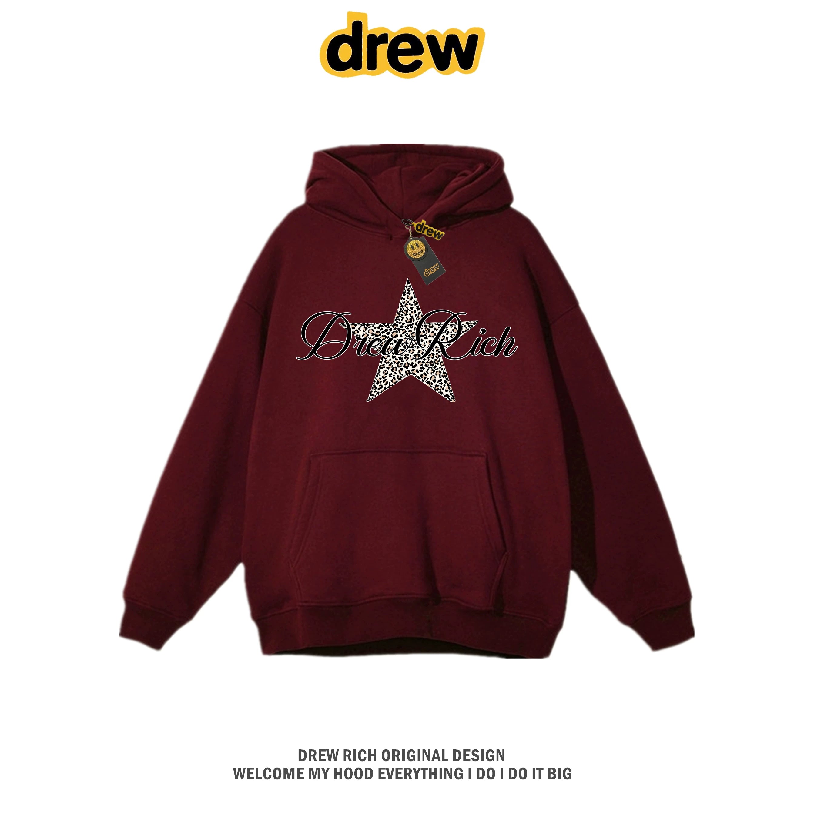 Drew Rich Wine Red Leopard Star Graphic Unisex Hooded Sweatshirt