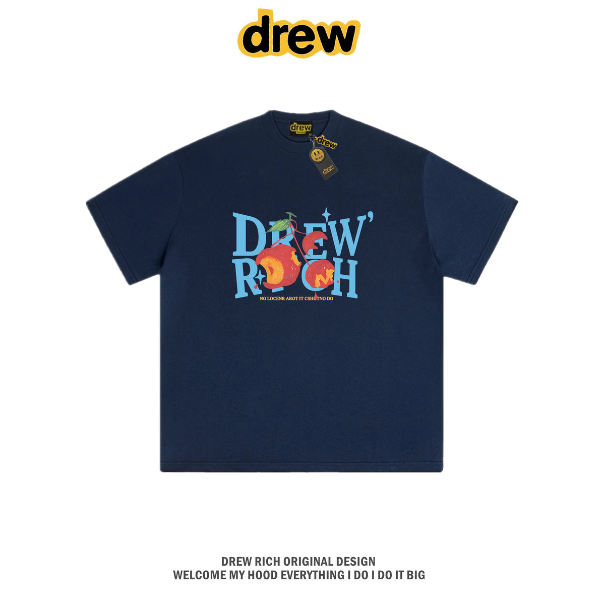 Drew Rich Navy Blue Peach Graphic Heavyweight Cotton Unisex T-shirt