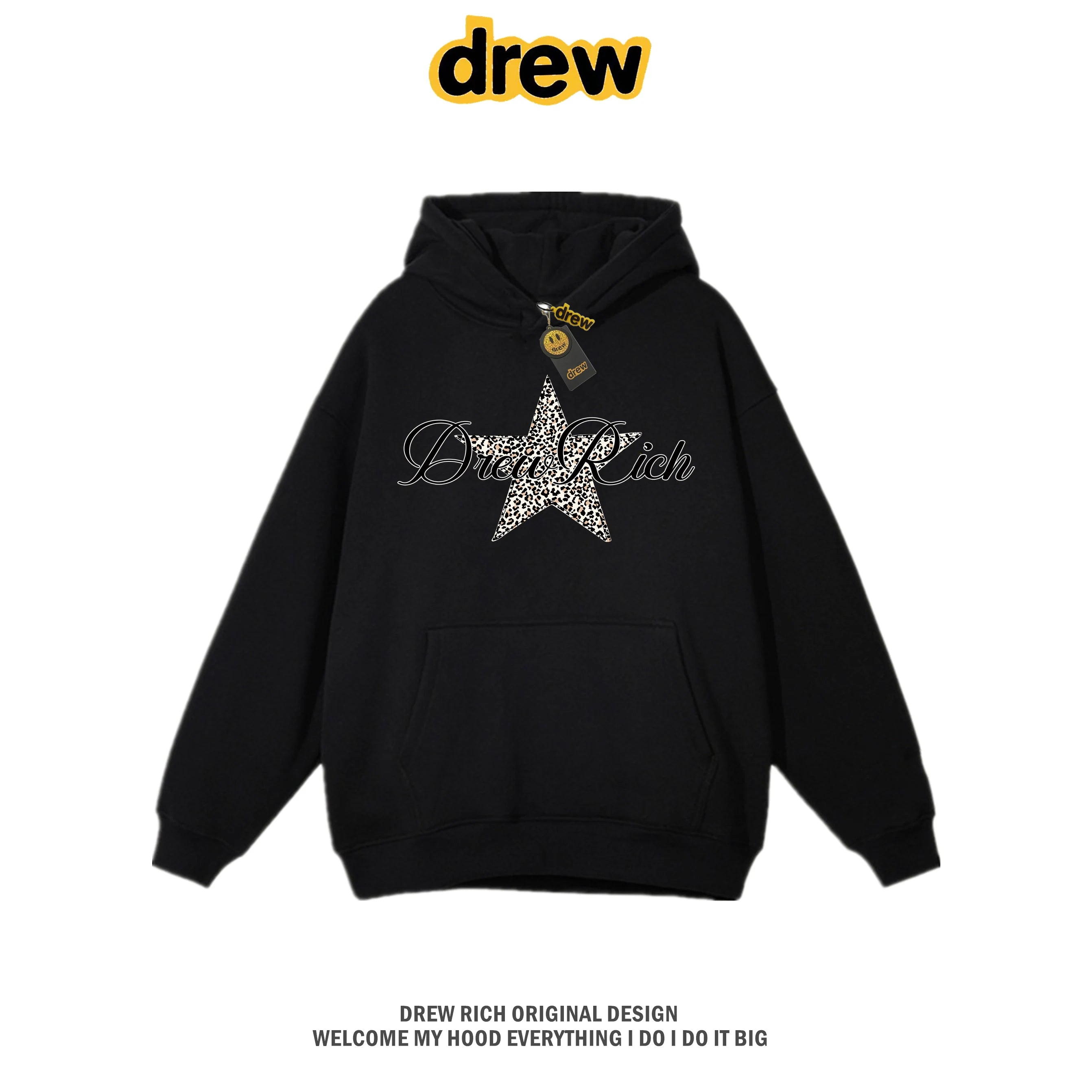 Drew Rich Black Leopard Star Graphic Unisex Hooded Sweatshirt