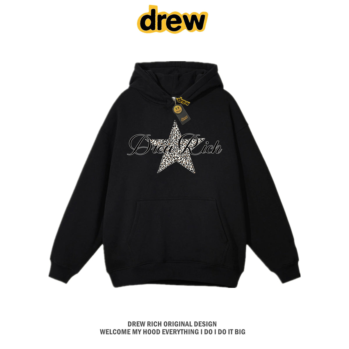 Drew Rich Black Leopard Star Graphic Unisex Hooded Sweatshirt