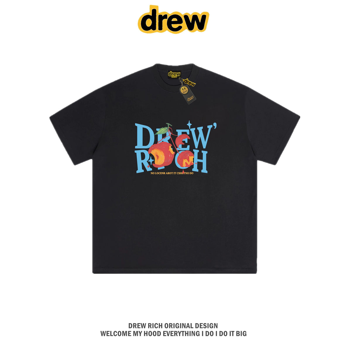 Drew Rich Black Peach Letter Graphic Unisex Cotton T-shirt